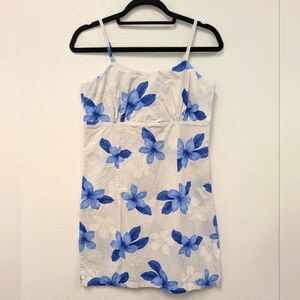 Pacific Legend Hawaiian Blue Plumeria Mini White Cotton Sundress sz S Y2K Barbie
